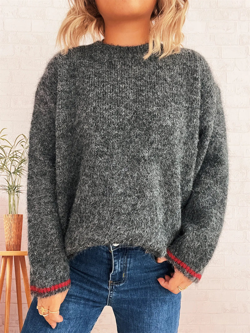 Contrast trim round neck oversized sweater front view
