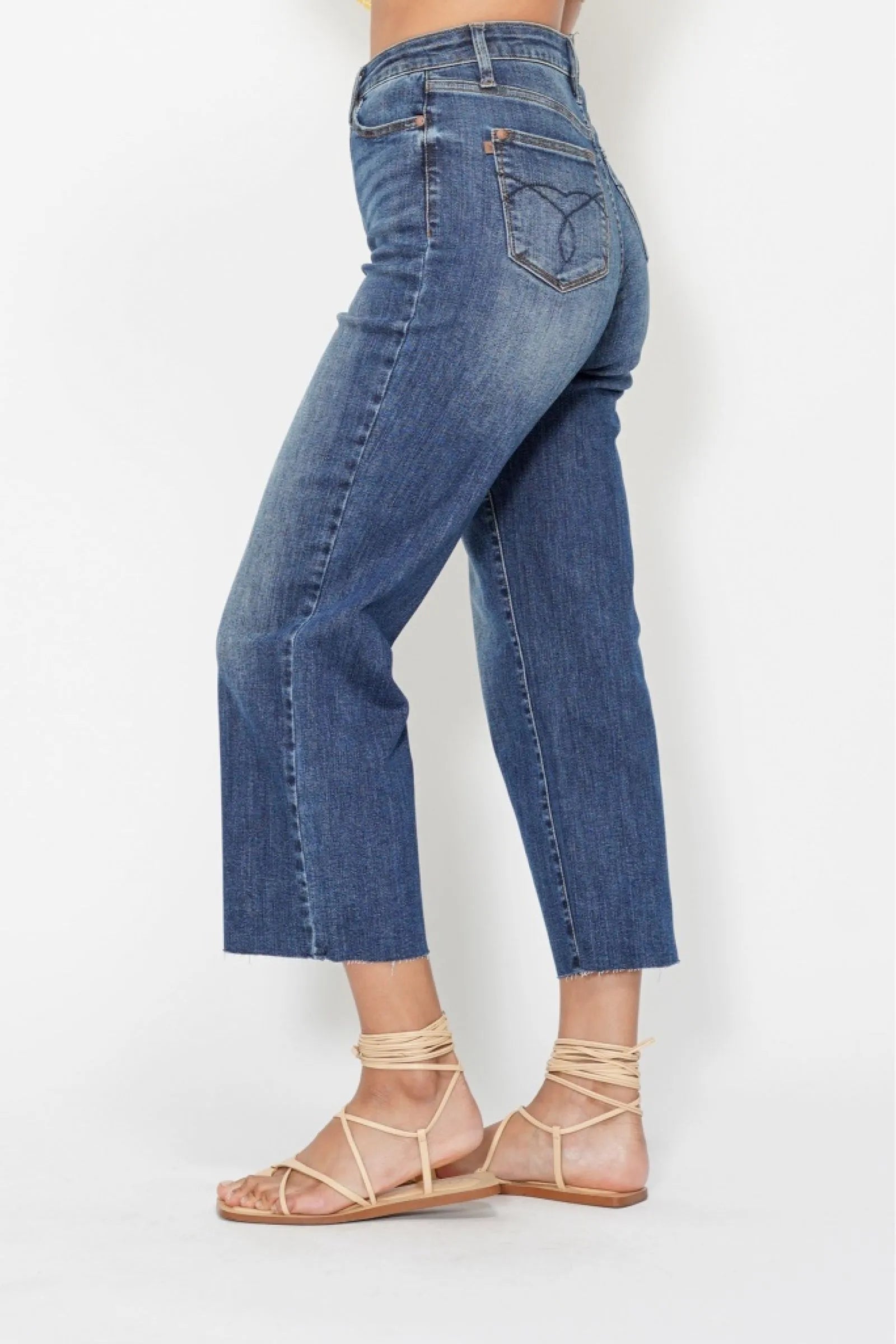 Judy Blue High Waist Back Pocket Embroidery Crop Wide Jeans - Fashorio