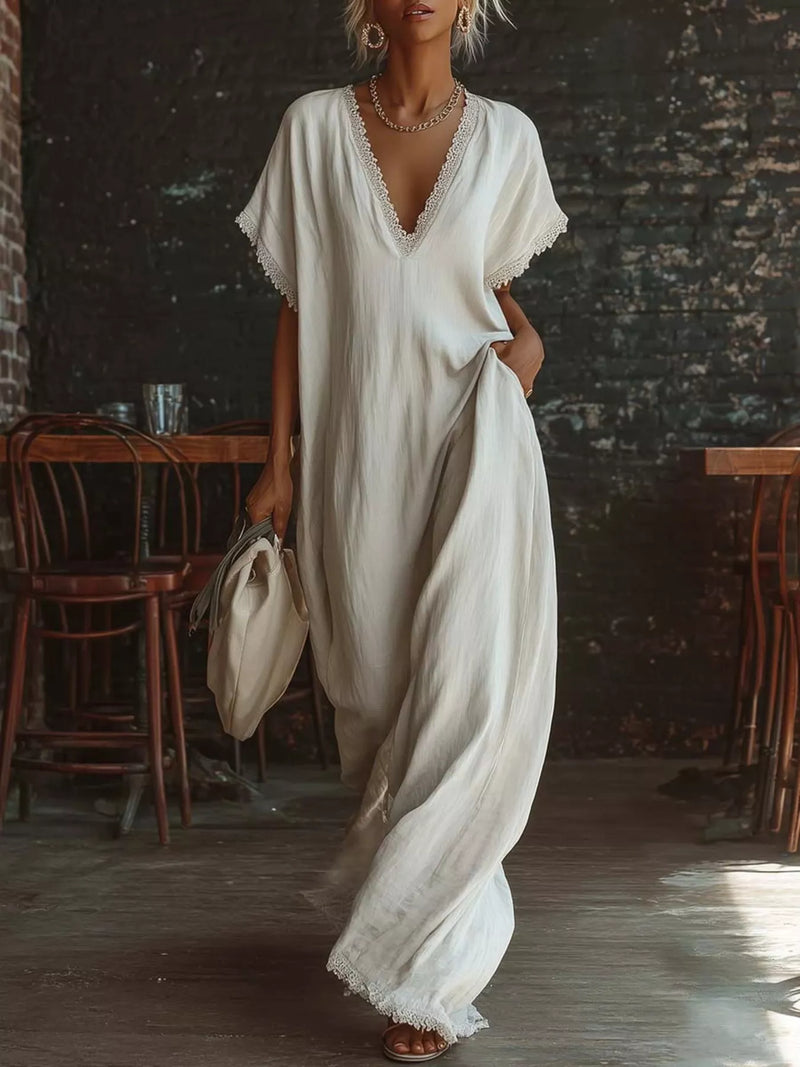 Lace trim V neck plus size maxi dress front view