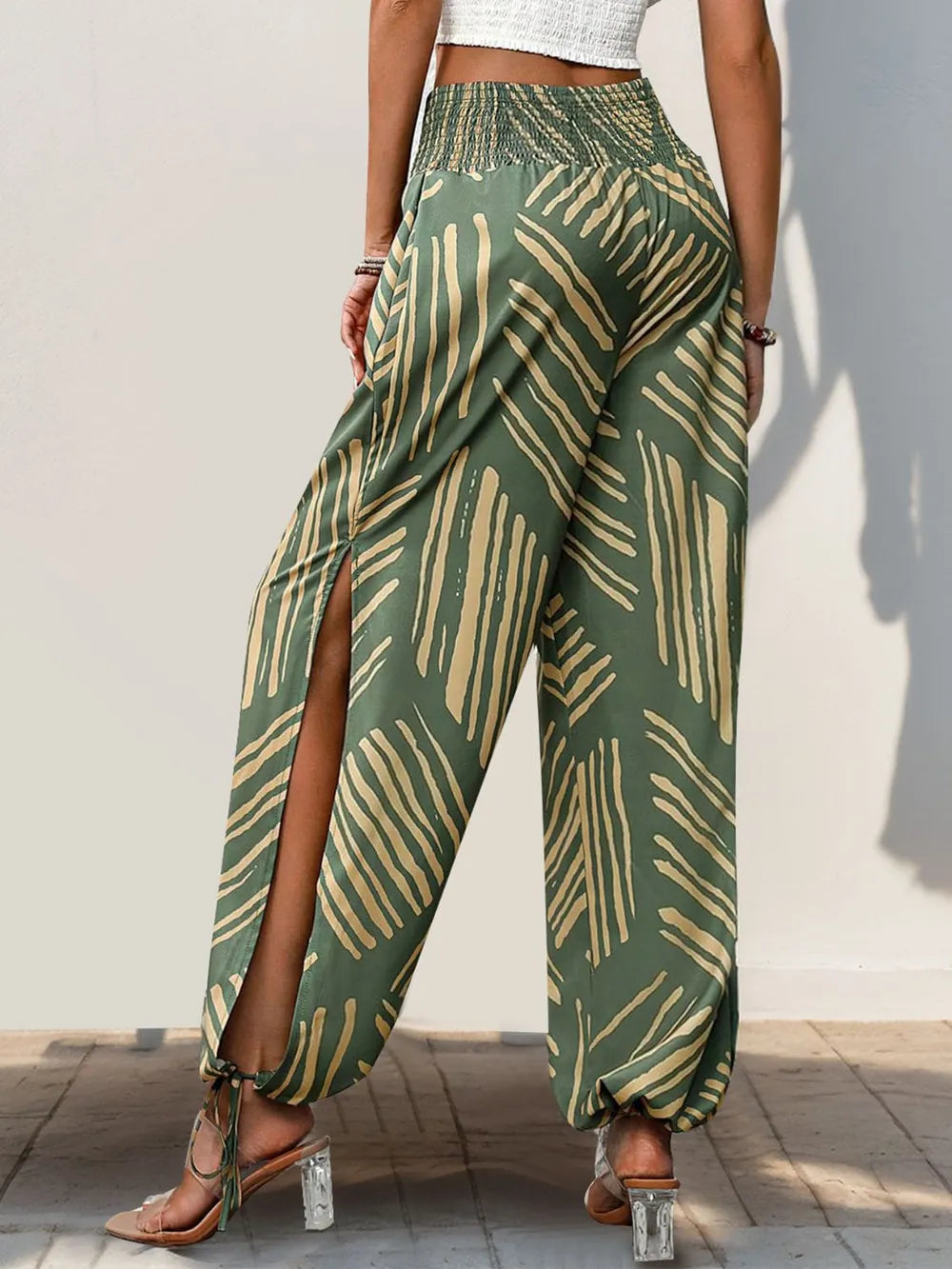 Smocked slit printed high waist pants side view