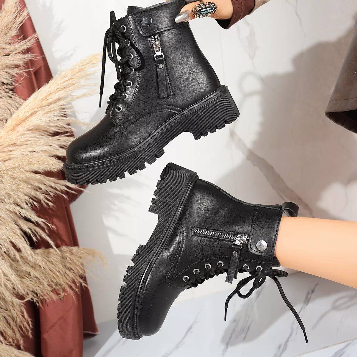 Classic Round Toe Block Heel Boots back view