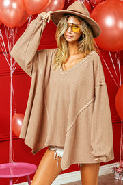 BiBi V-Neck Waffle Uneven Hem Top CAMEL - Fashorio
