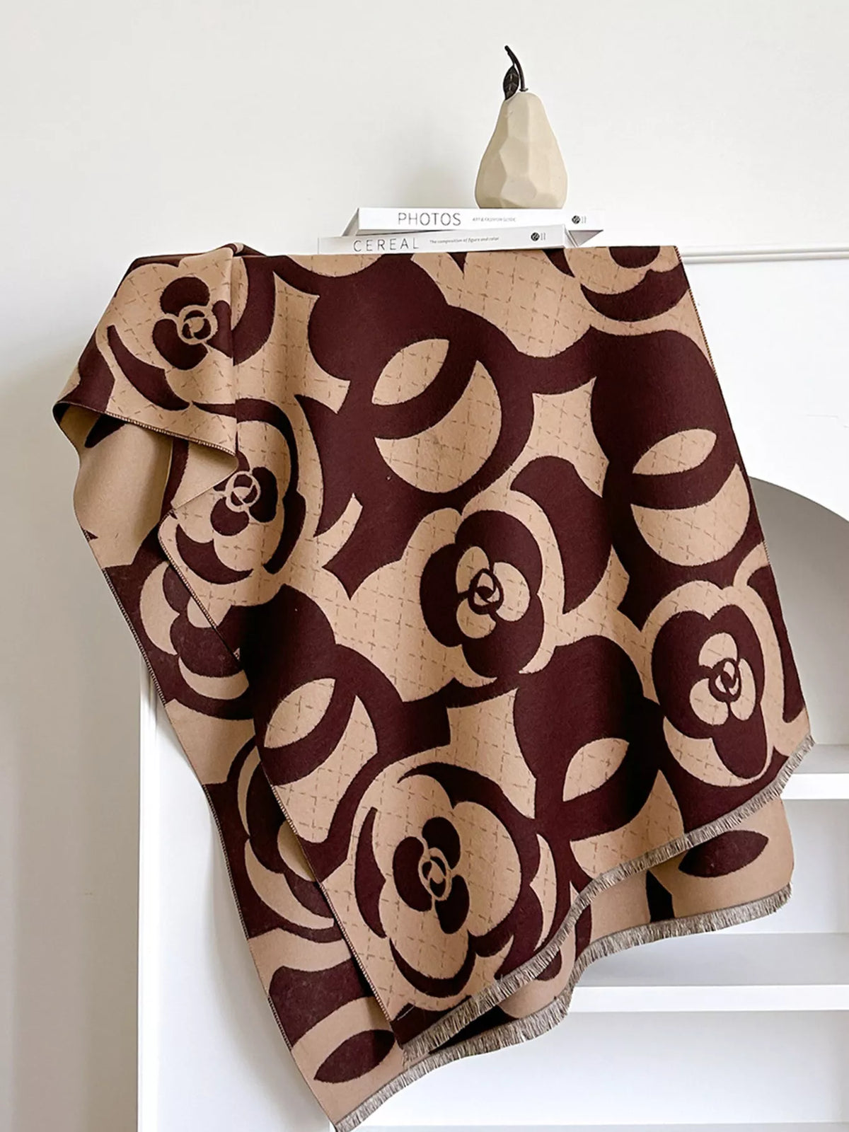 Floral winter scarf styled with a sweater