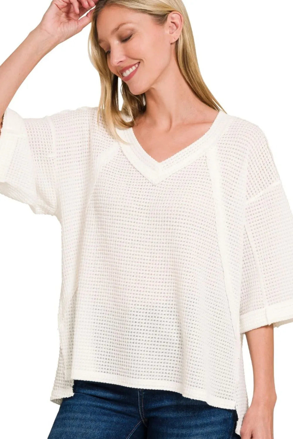 Waffle knit flare sleeve top side view