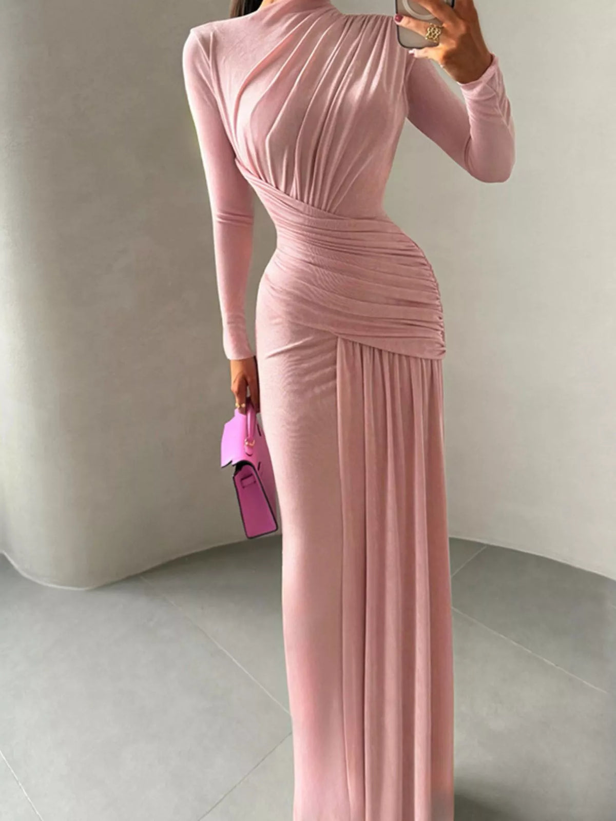 Ruched long sleeve maxi dress styled view