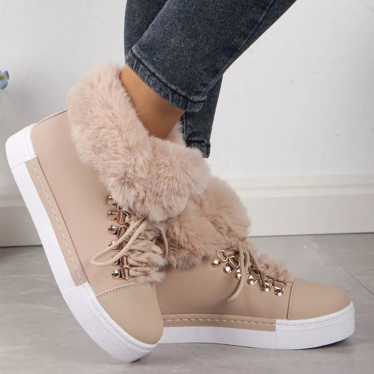 Fuzzy trim lace up ankle boots front view
