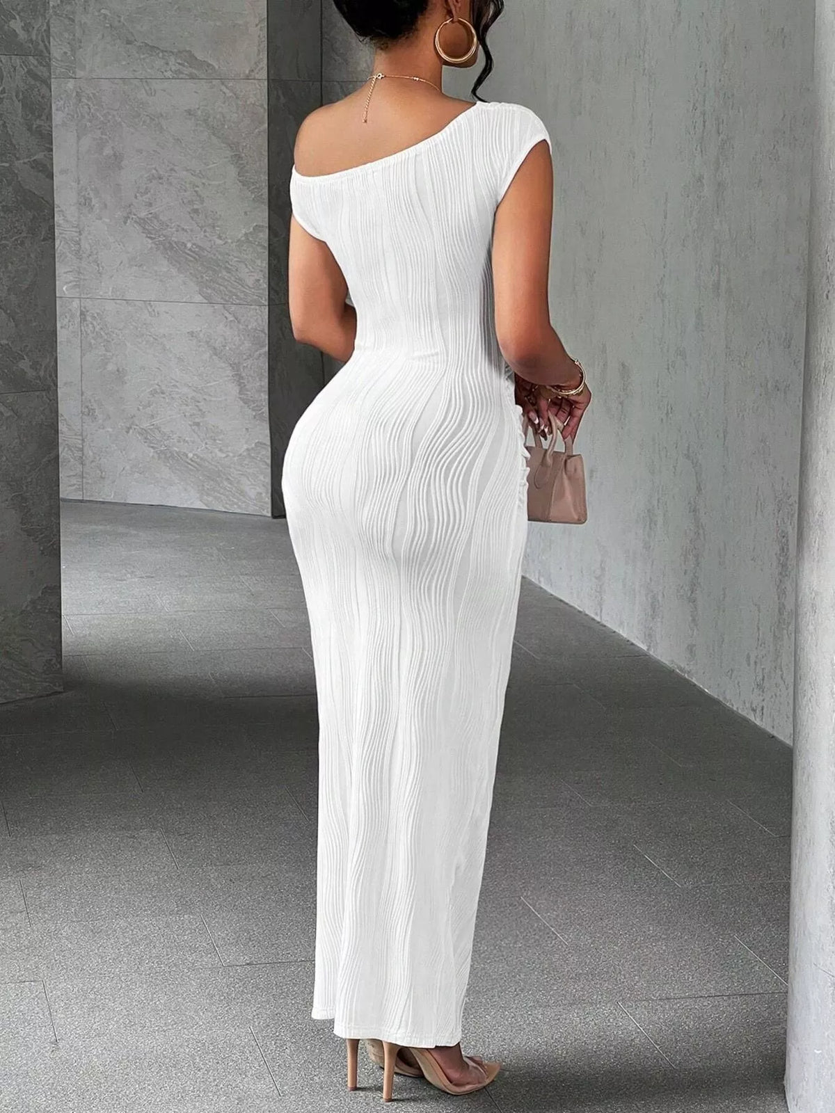 One shoulder textured ruched maxi dress back view