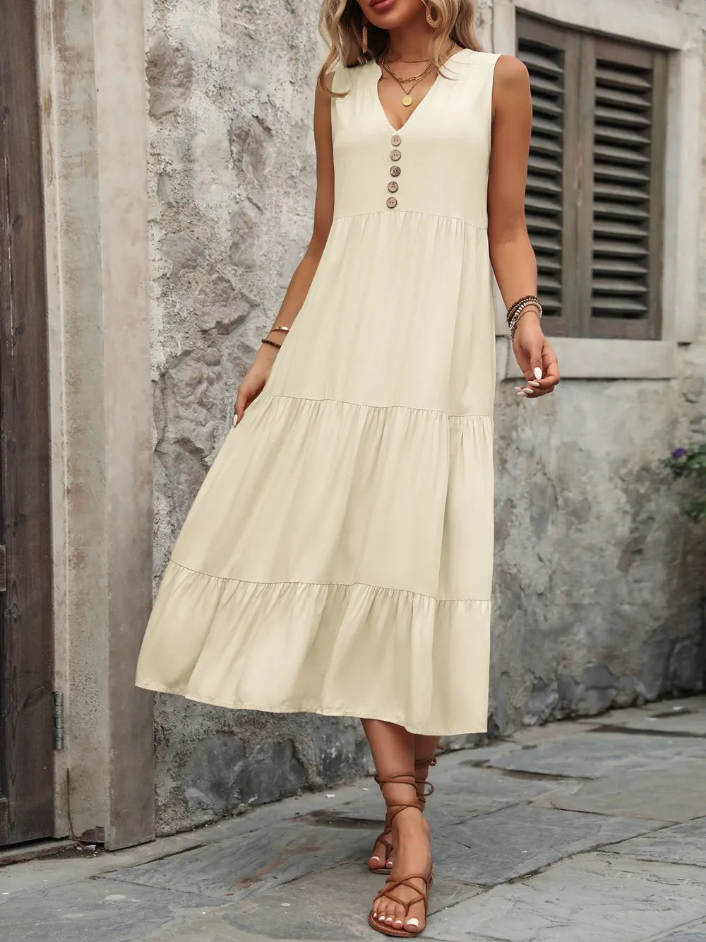 Ivy Lane Decorative Button Notched Sleeveless Dress - Fashorio