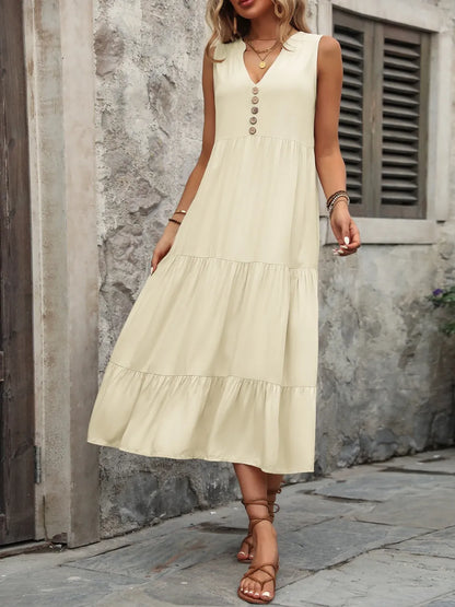 Ivy Lane Decorative Button Notched Sleeveless Dress - Fashorio