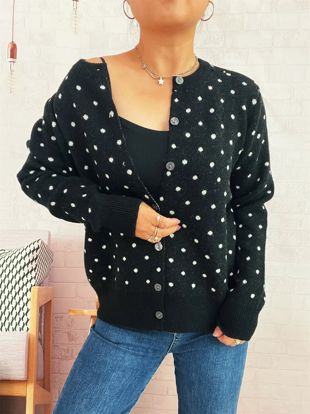 polka dot button up cardigan outfit styling