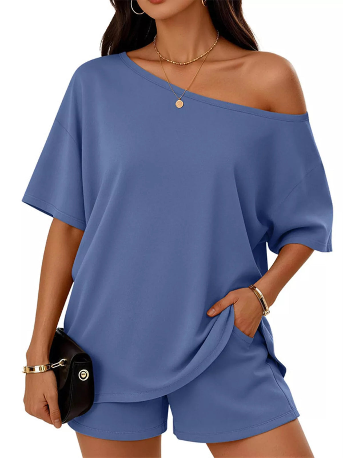 Boat Neck Tee and Shorts Two Piece Set Plus Size, view 11