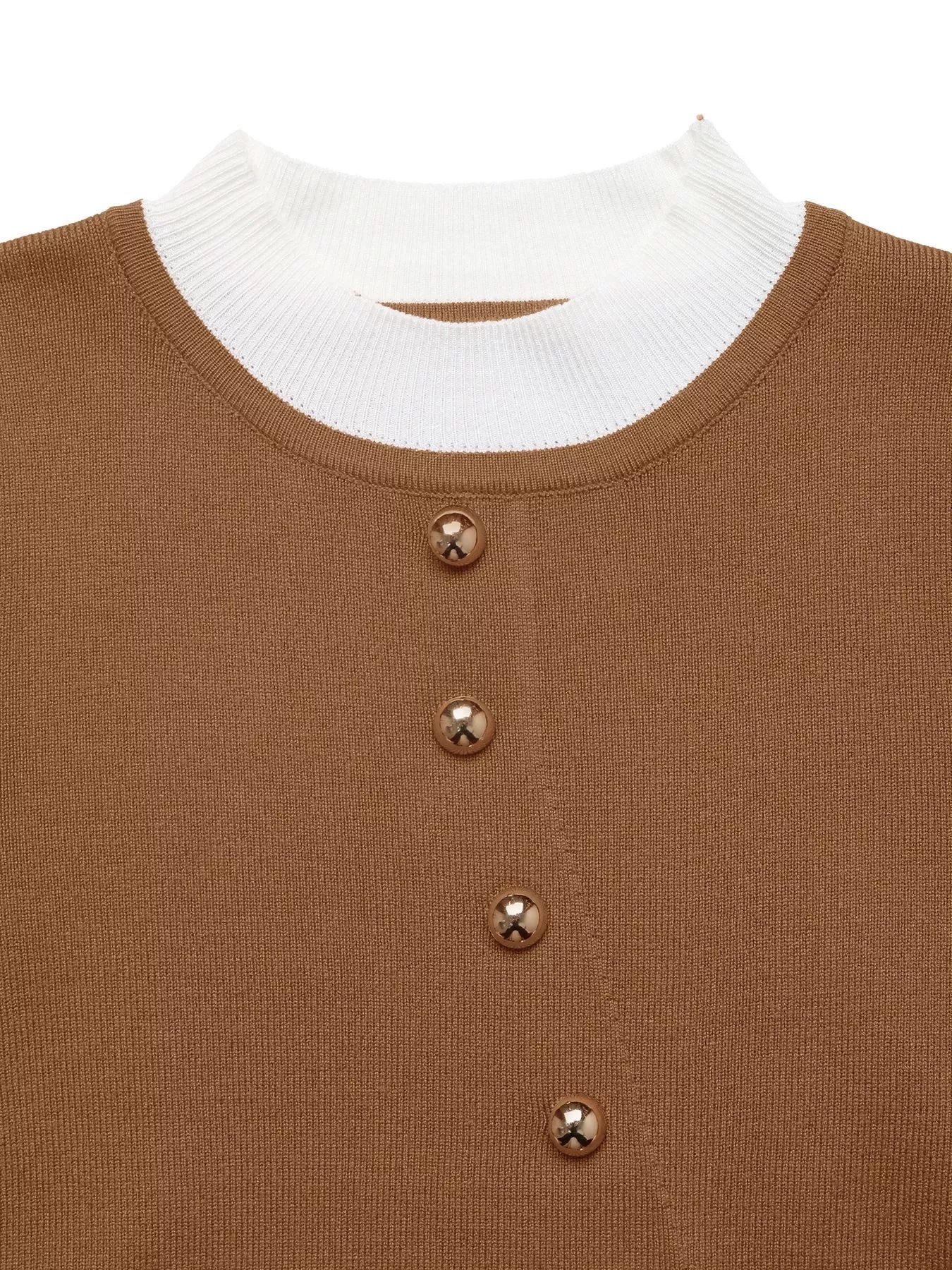 Decor Button Contrast Hem Knit Top - Fashorio