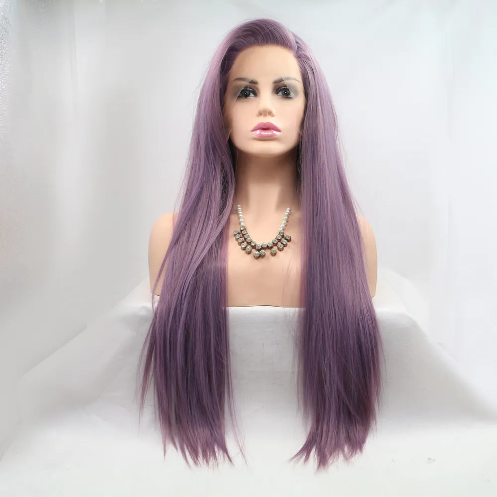 Long straight purple lace front wig