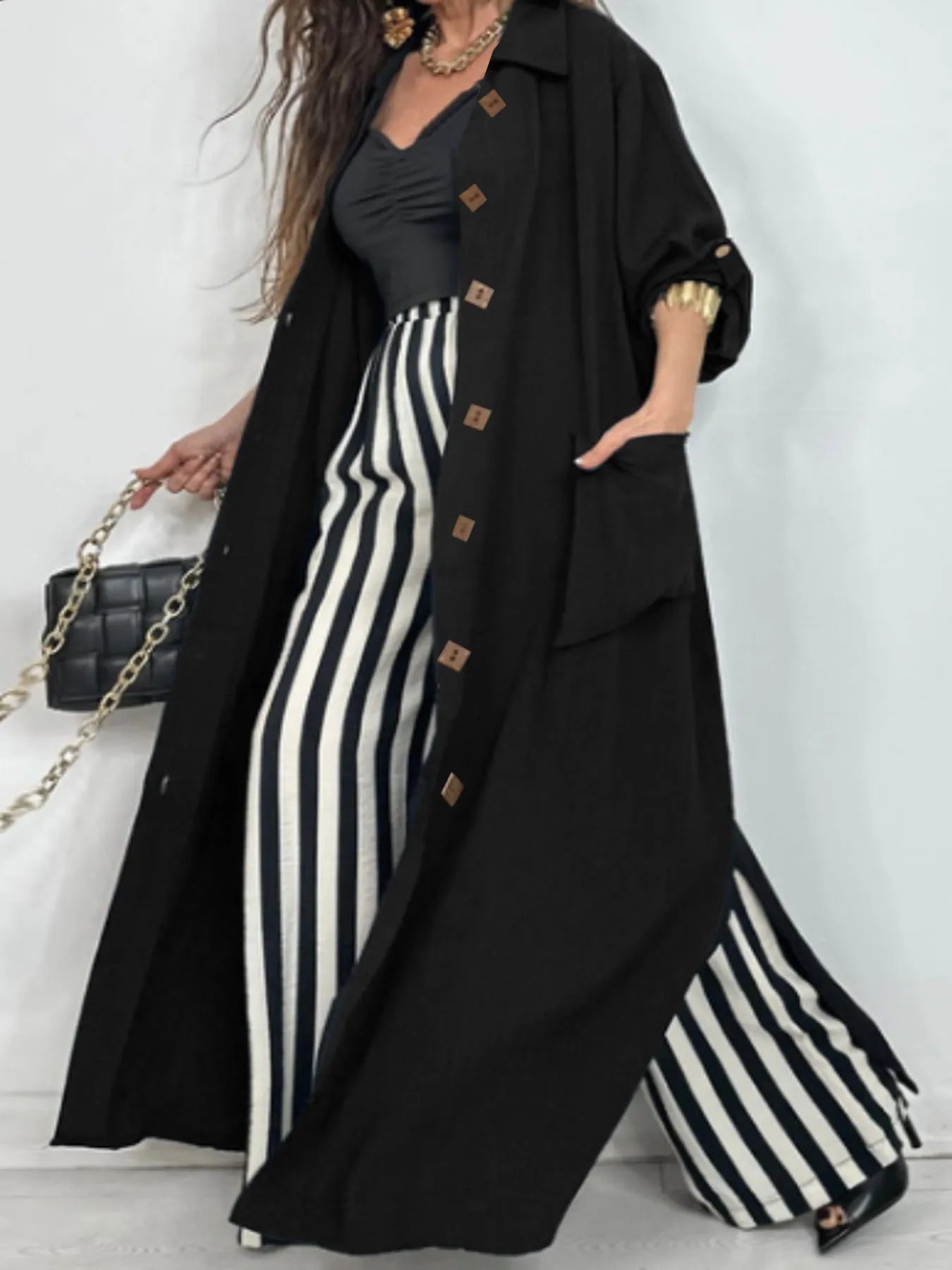 Lapel Collar Button-Front Longline Coat - Fashorio