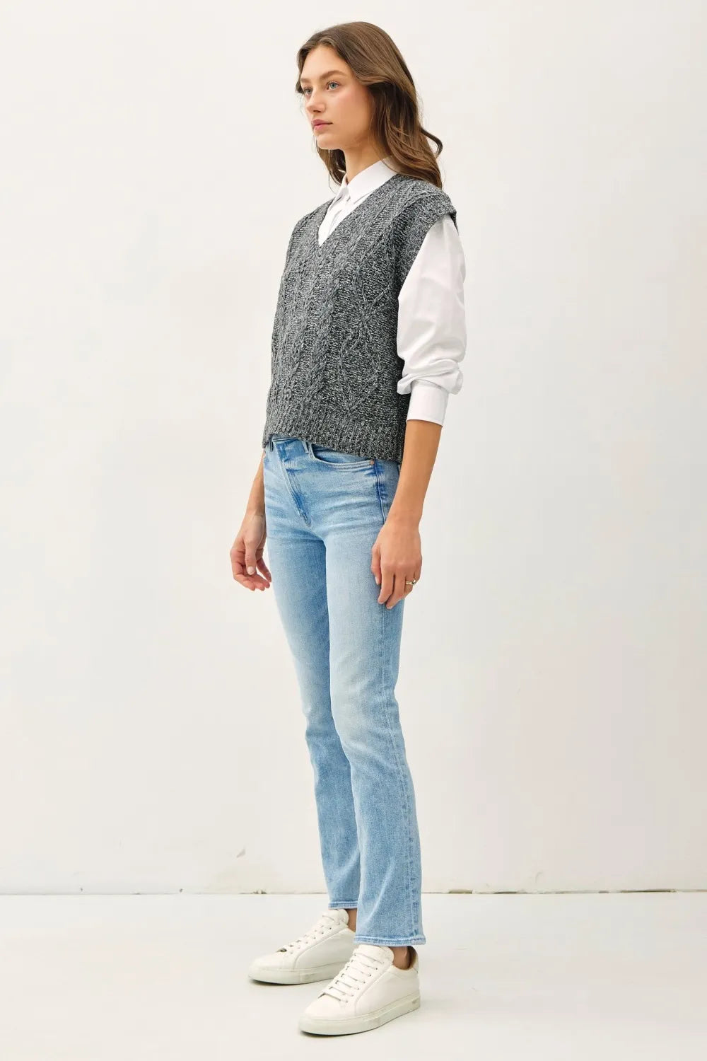 Cable Knit V Neck Sweater Vest in Charcoal side view