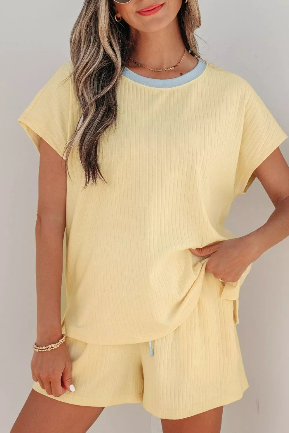 Soft Ribbed Color Block Casual Short Set, view 4