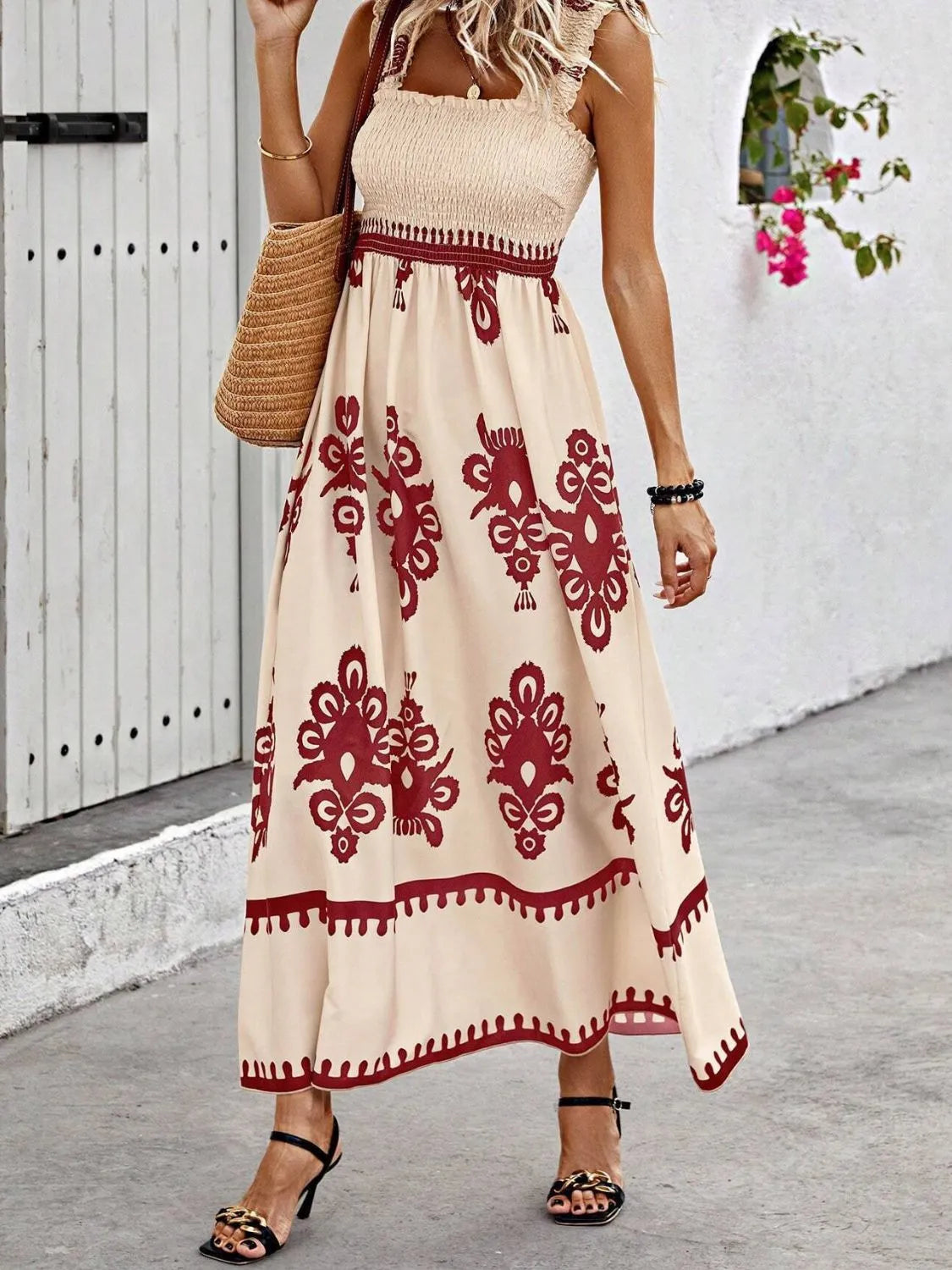 Smocked Printed Wide Strap Maxi Dress, view 27