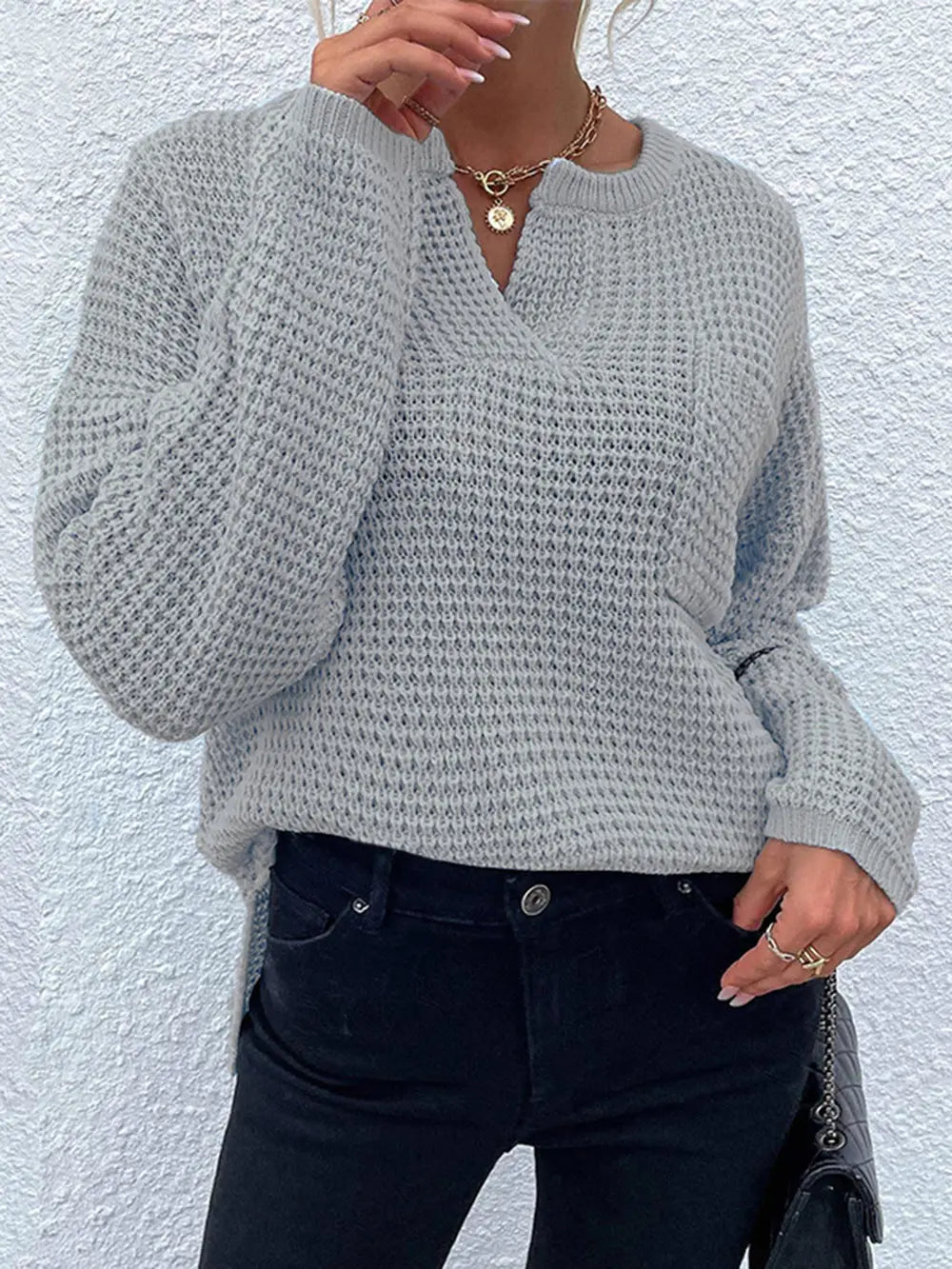 Notched Long Sleeve Sweater Cloudy Blue - Fashorio