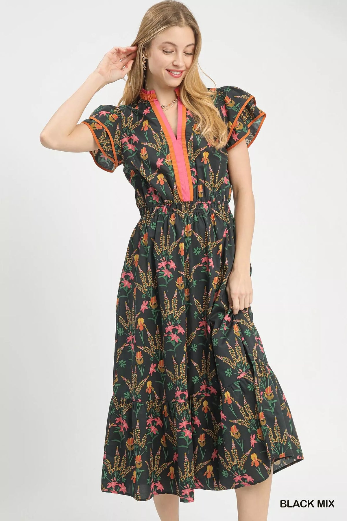 Floral Print Midi Dress in Black
