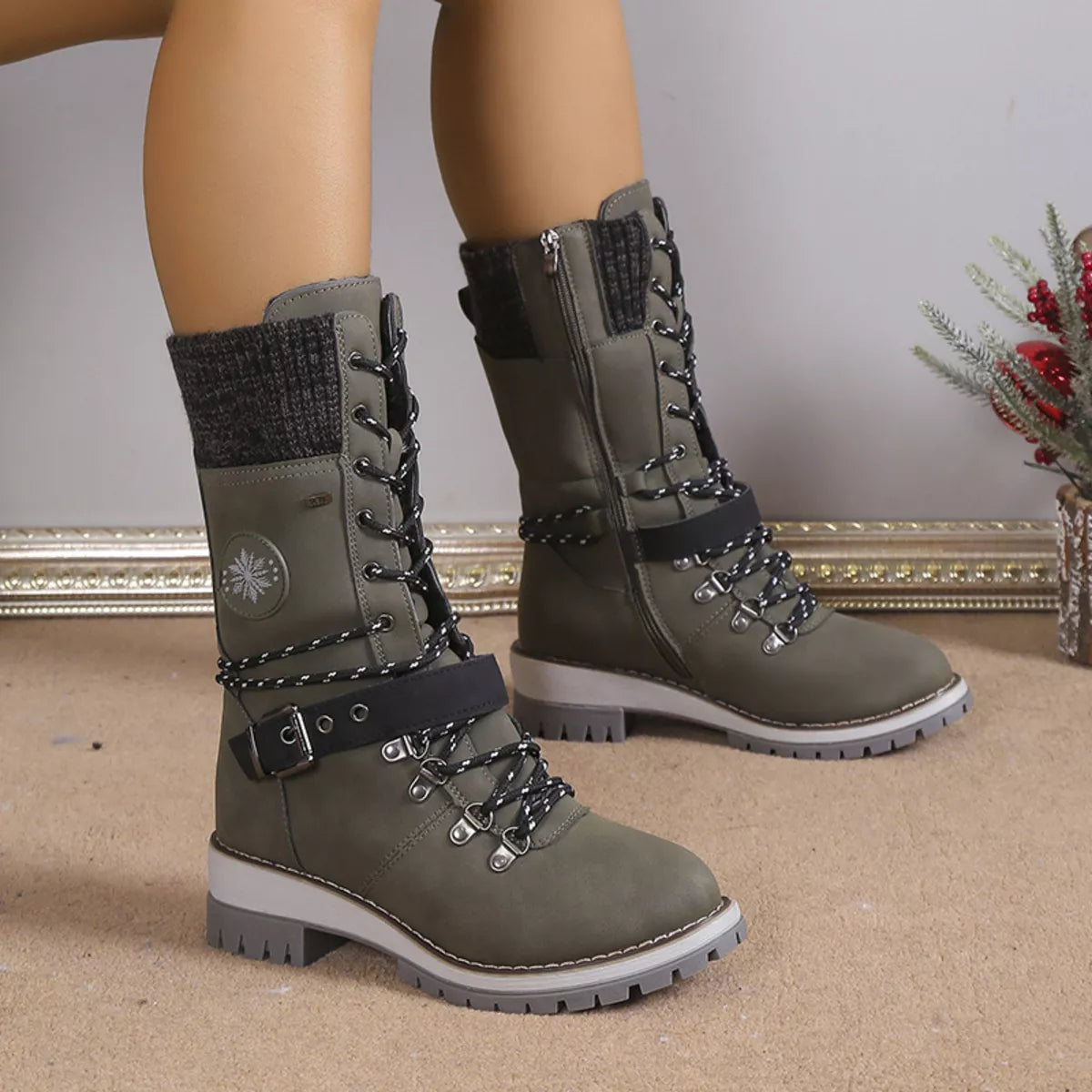 Lace Up Block Heel Boots in light gray