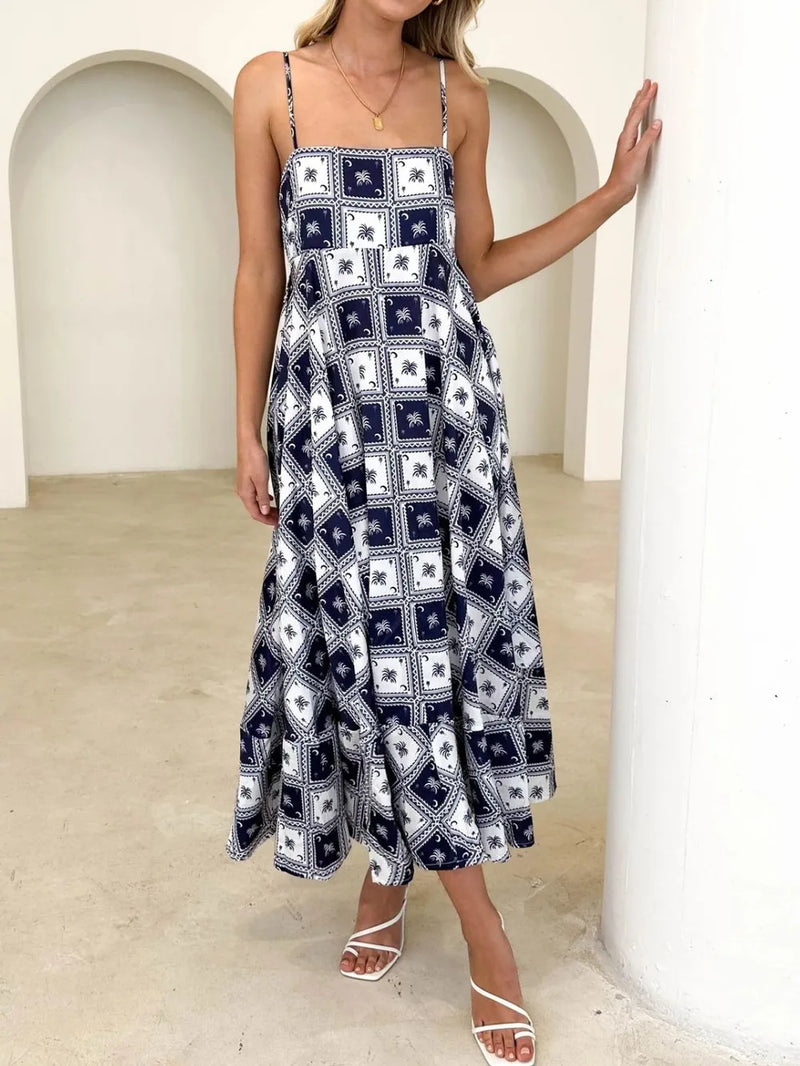 Printed square neck midi cami dress front view
