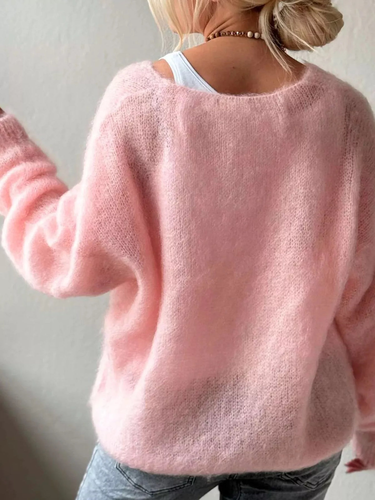 v neck dropped shoulder sweater styled outfit