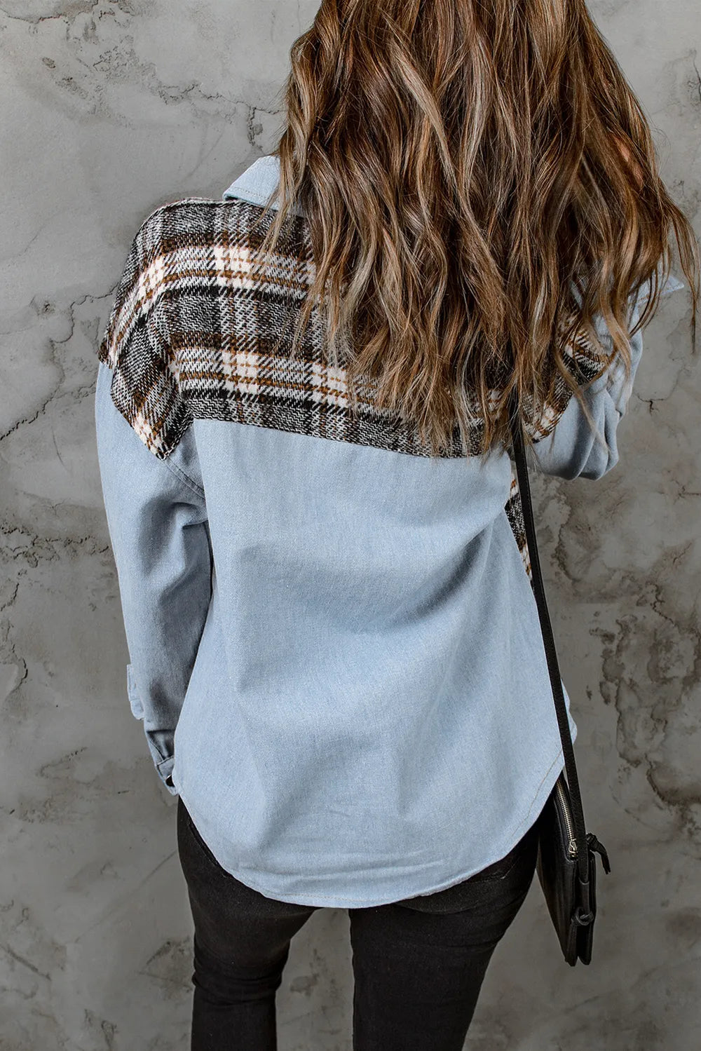 Plaid Pocketed Button Up Denim Jacket - Fashorio