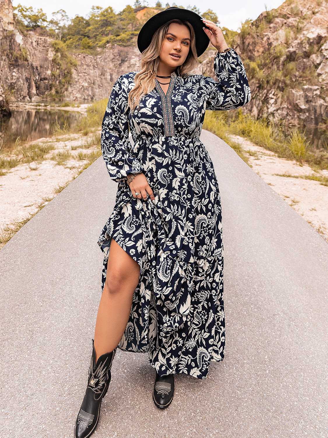 Dark navy plus size long sleeve maxi dress detail view