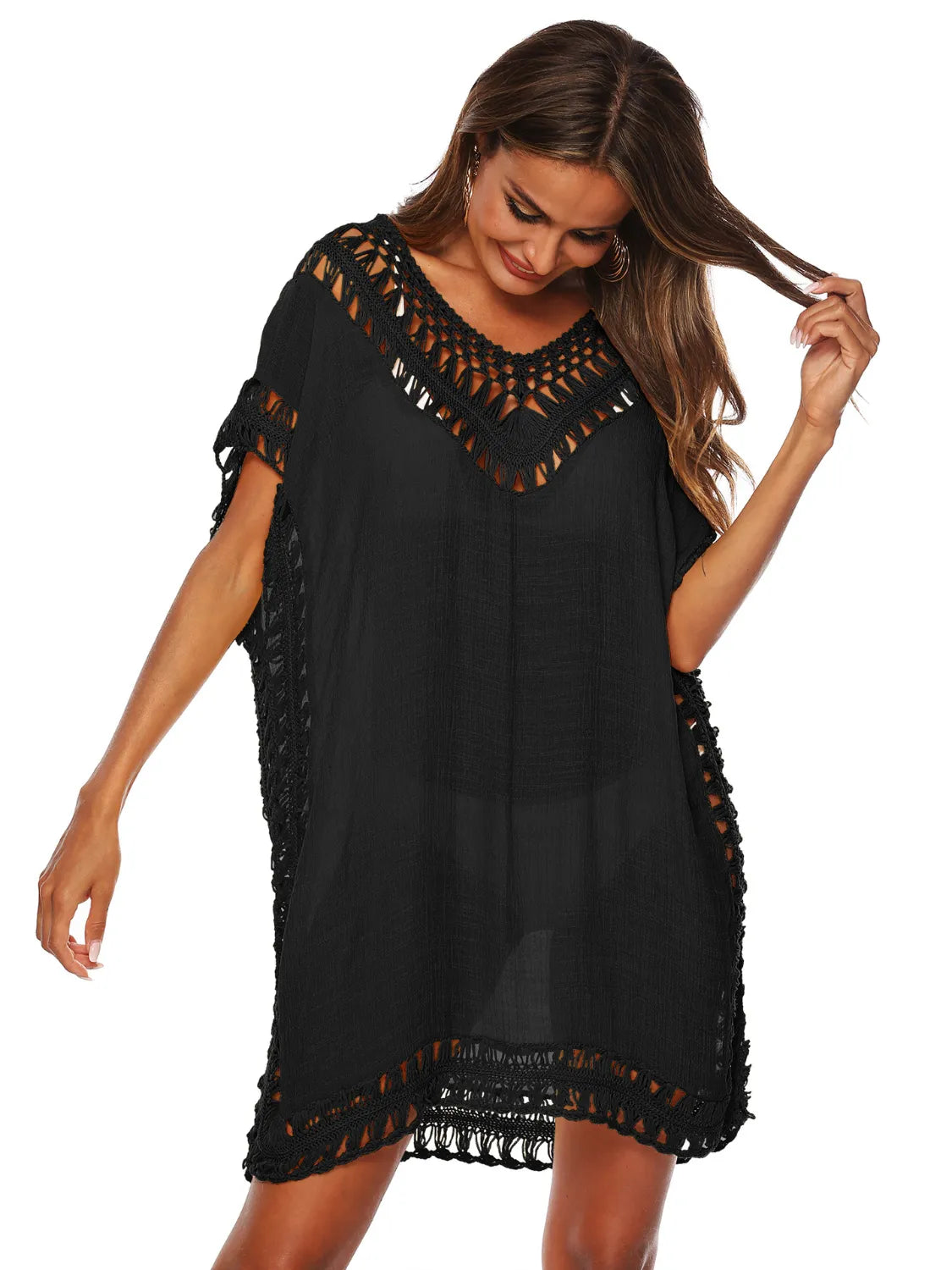 Bohemian Crochet Trim Beach Cover Up Dress Black One Size - Fashorio