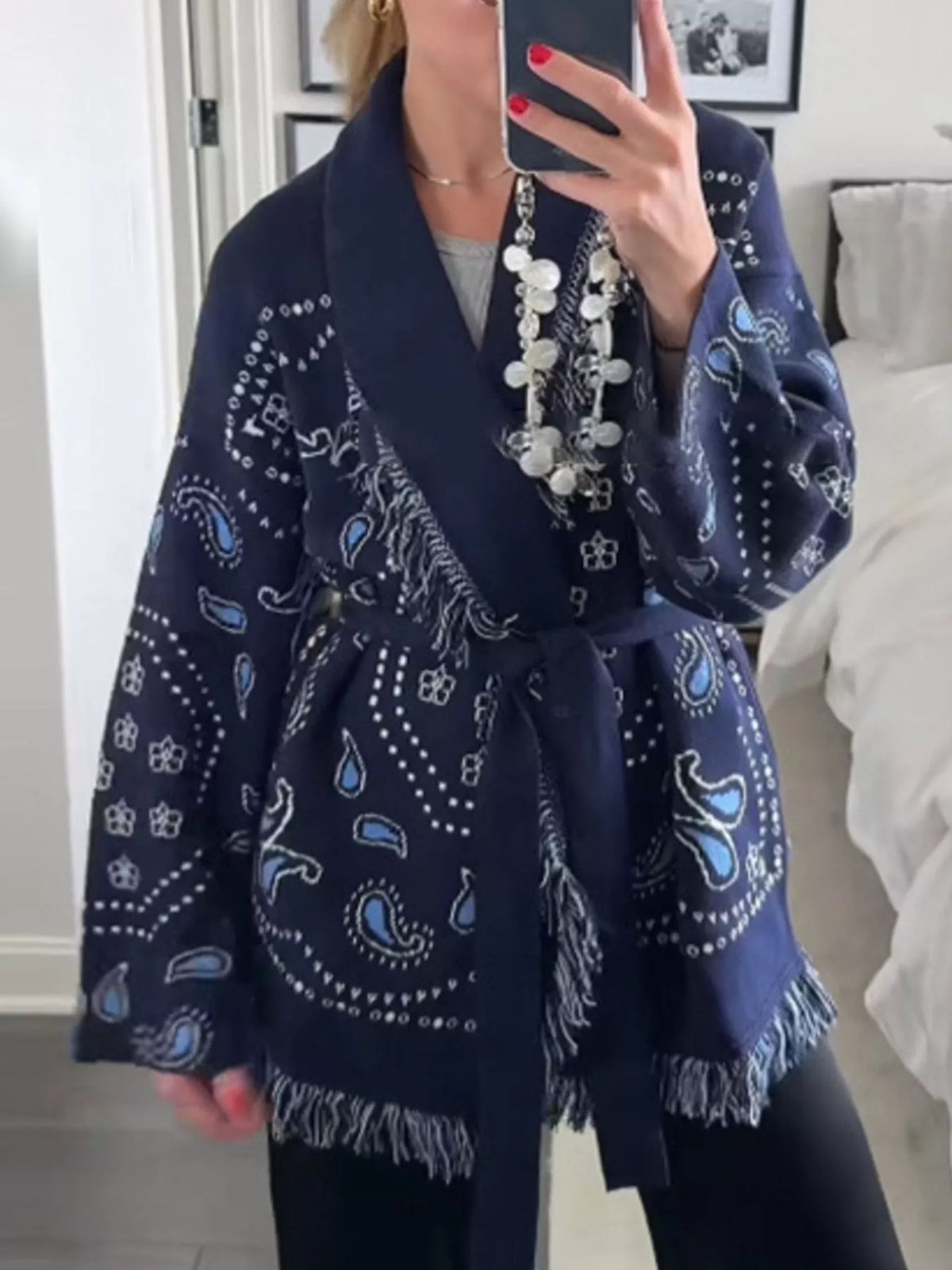 Printed cardigan fringe detail