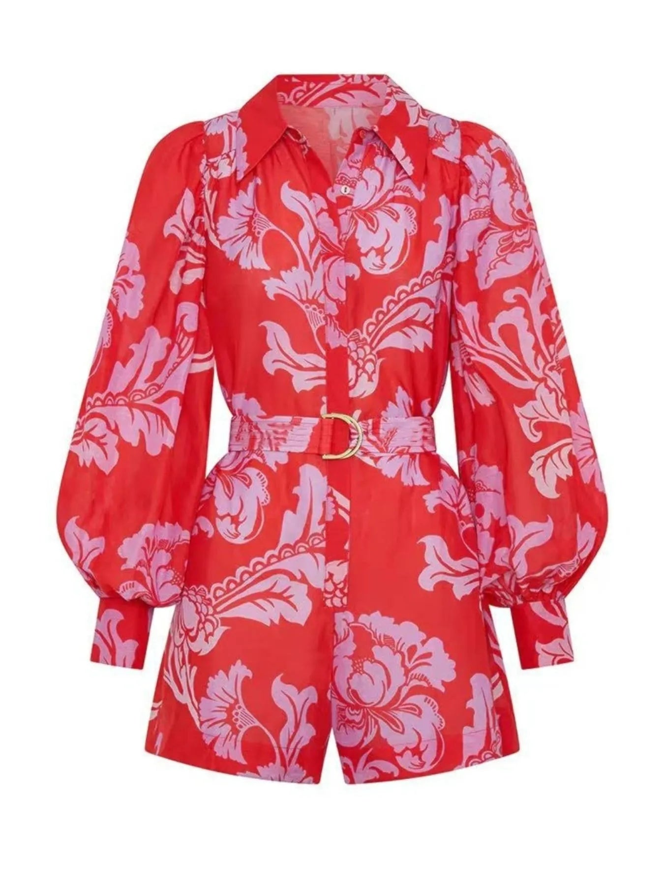 Printed Long Sleeve Belted Romper - Fashorio
