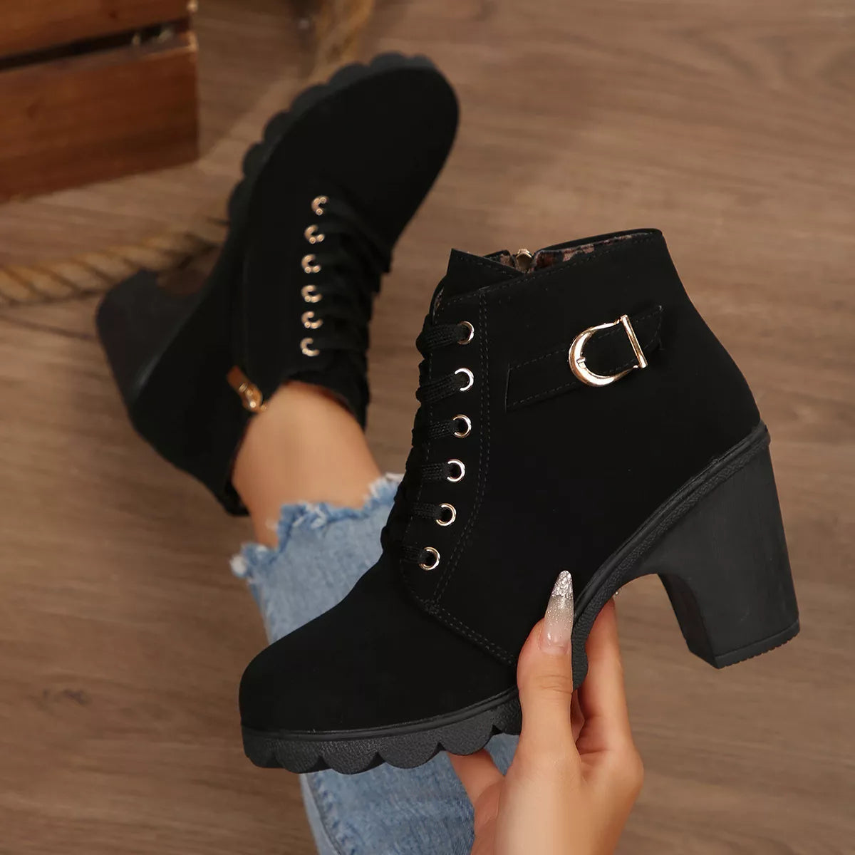 Lace up buckle chunky heel ankle boots shaft detail