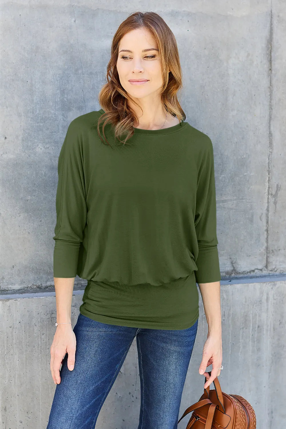 Basic Bae Full Size Round Neck Batwing Sleeve Top Army Green - Fashorio