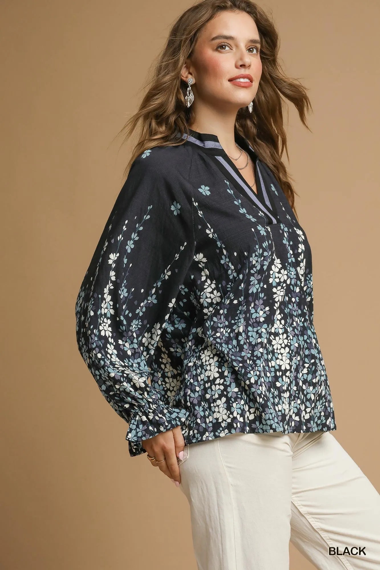 Umgee Full Size Floral Vine Print Blouse with Balloon Sleeves Plus Size - Fashorio