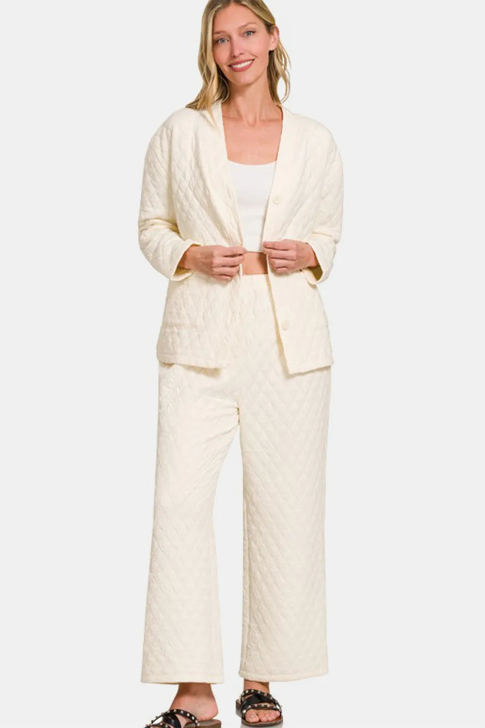 Zenana Quilted Button Up Long Sleeve Top and Pants Lounge Set - Fashorio