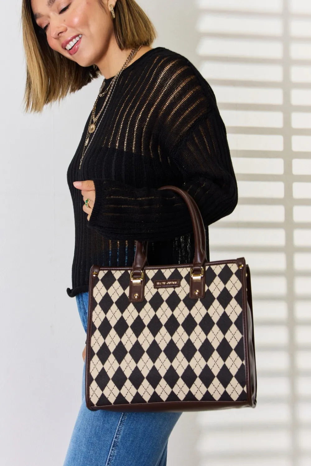 David Jones Argyle Pattern PU Leather Handbag - Fashorio