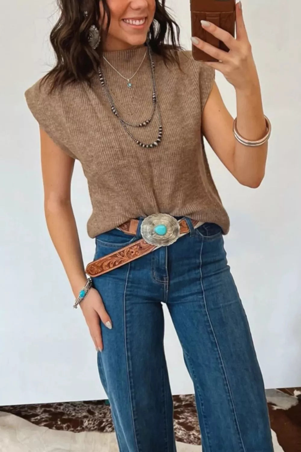 Ribbed mock neck knit vest texture detail