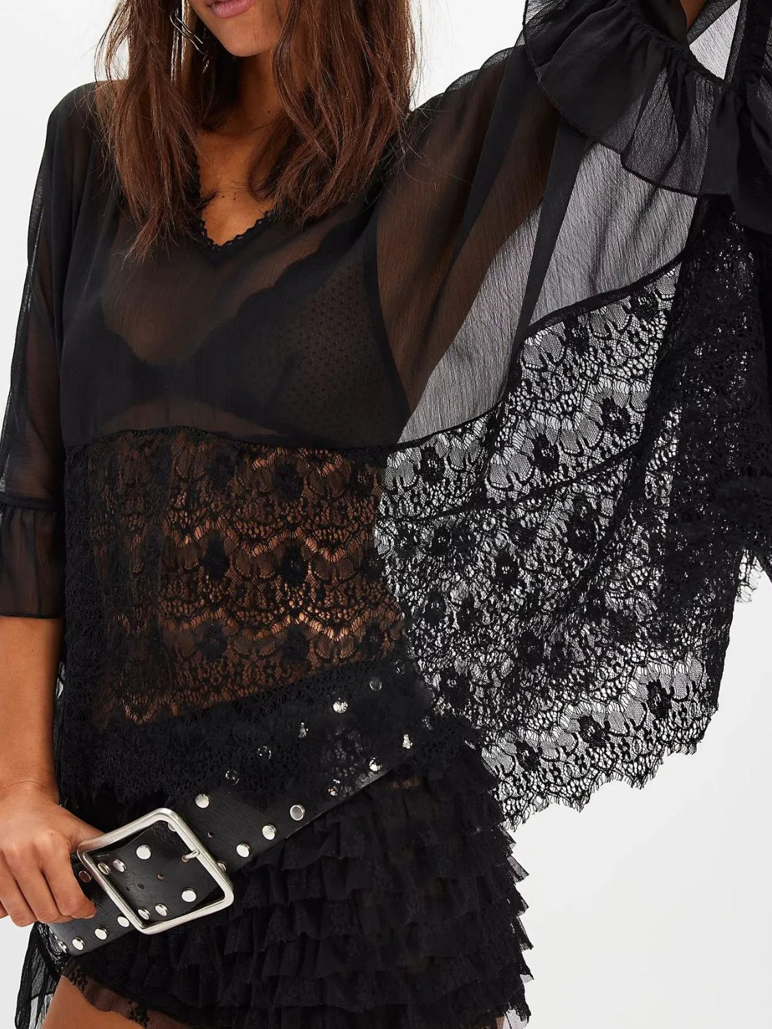 Lace V-Neck Ruffle Long Sleeve Cover-Up Black - Fashorio
