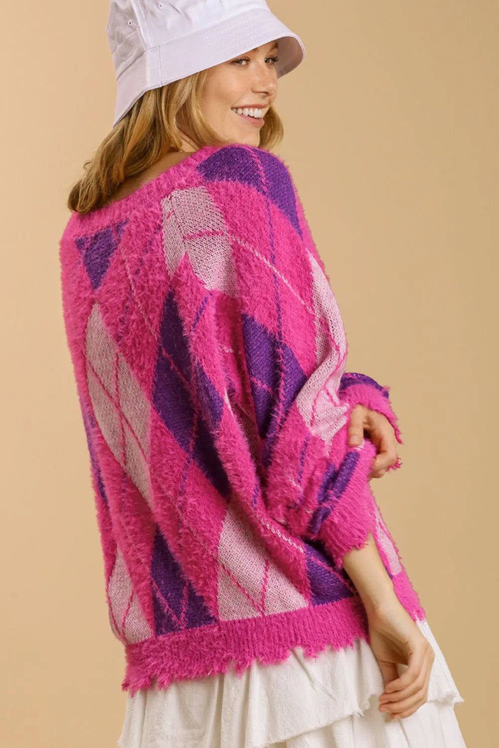 Umgee Full Size Argyle Pattern V-Neck Button Front Cardigan Plus Size - Fashorio