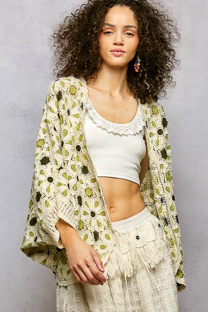 Open front floral crochet cardigan in green multi front view