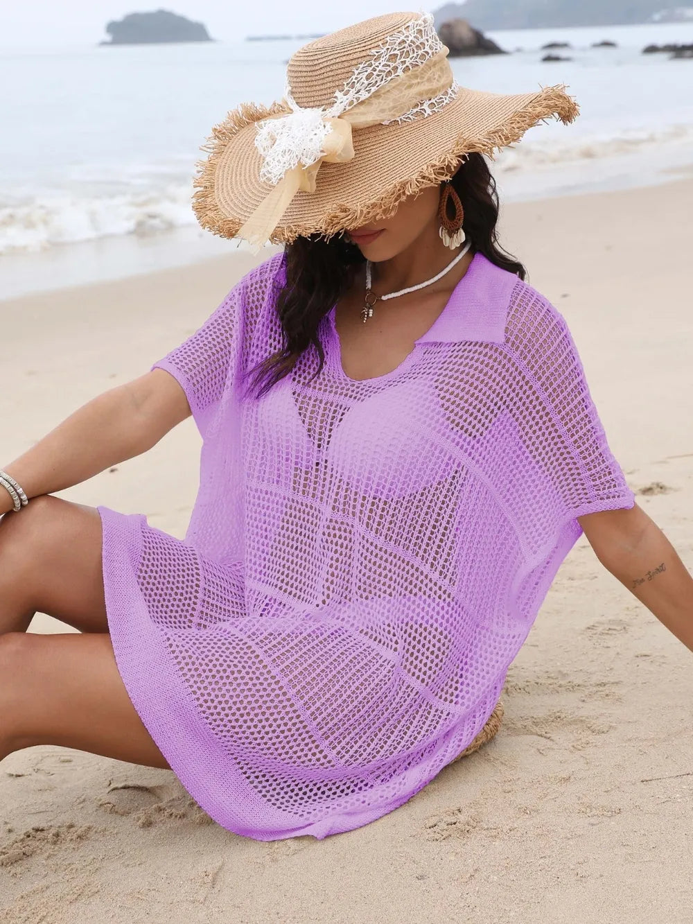 Hollow Out Collared Neck Cover-Up - Fashorio