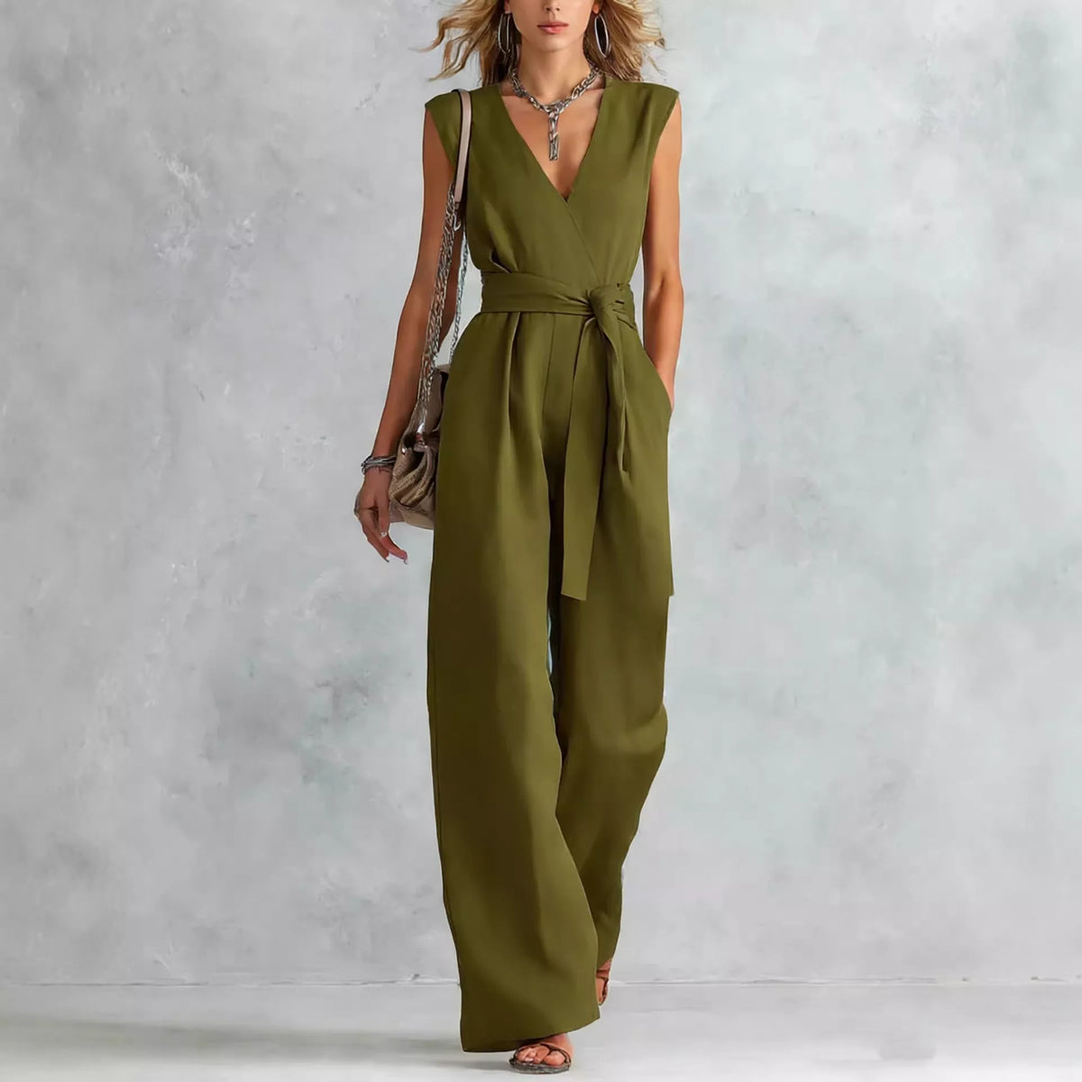 Sleeveless wide leg jumpsuit styled for summer