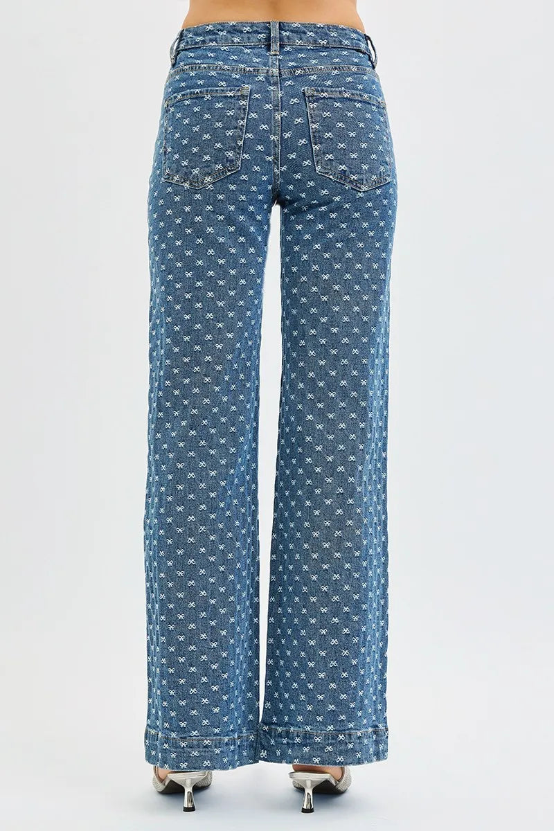 RISEN dark blue denim wide leg jeans embroidery fabric detail