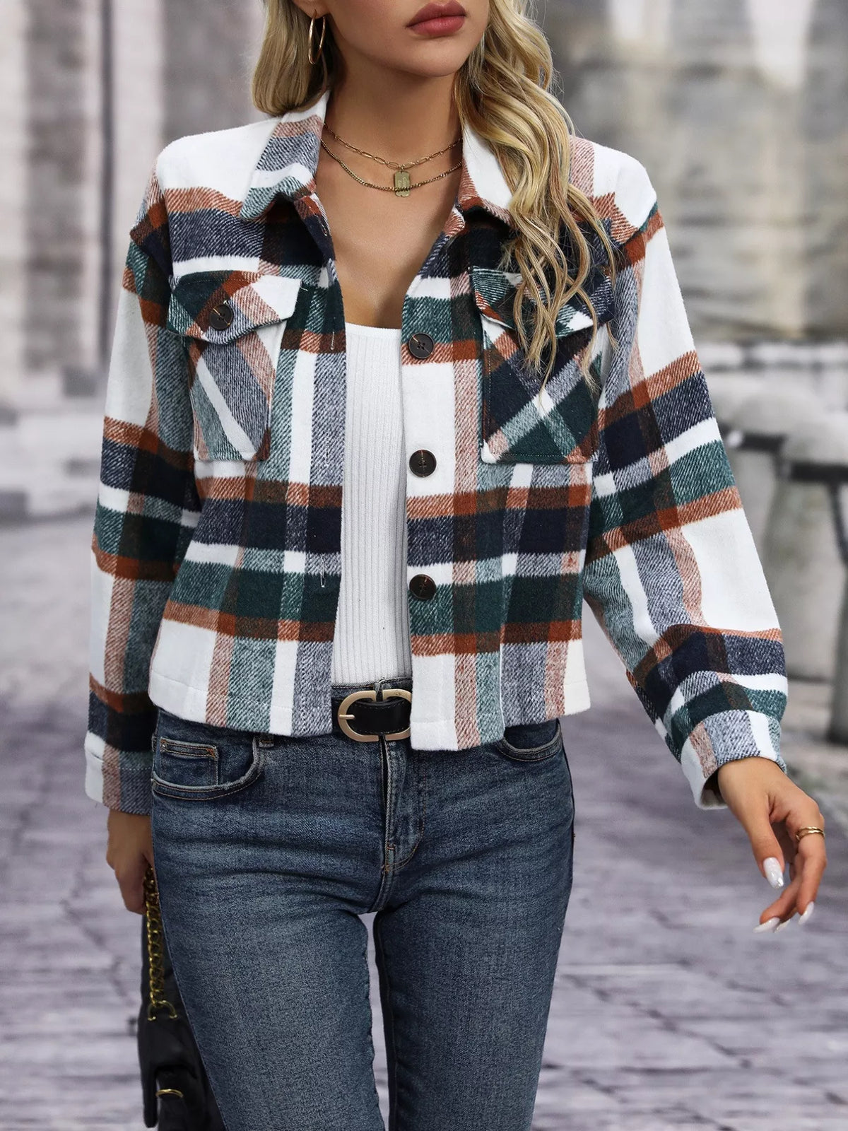 Plaid Oversized Cropped Jacket in Taupe view 11