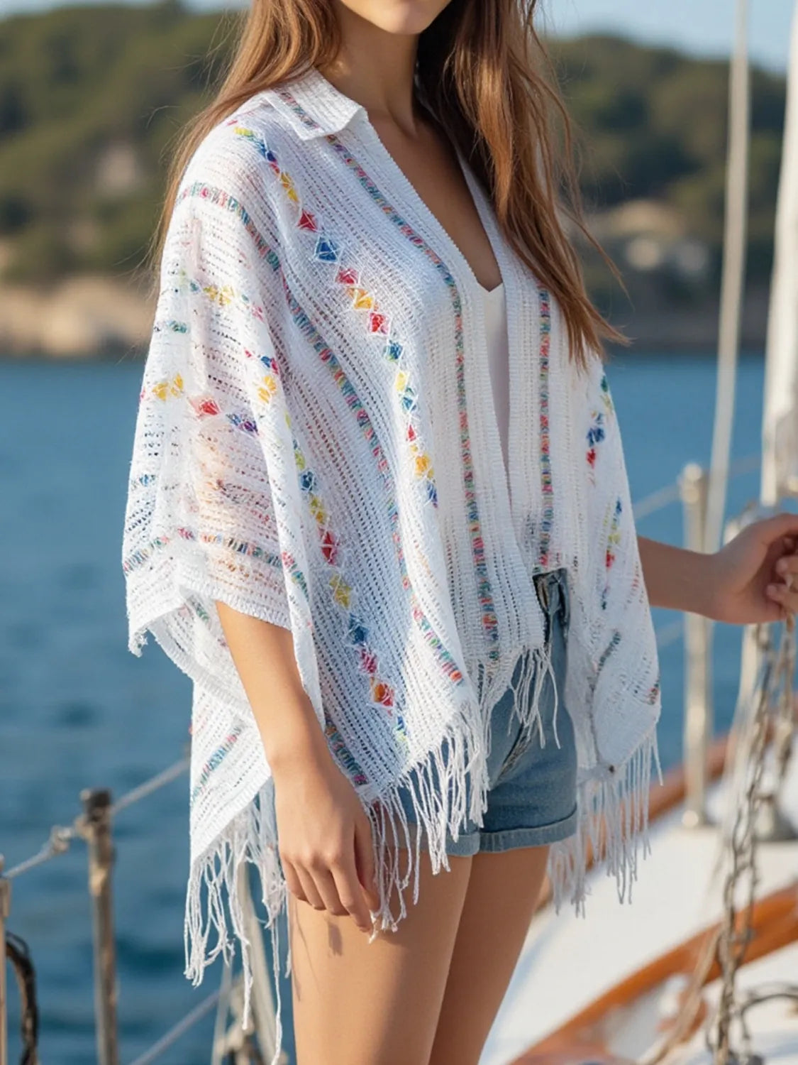 Back view of open front knit cape