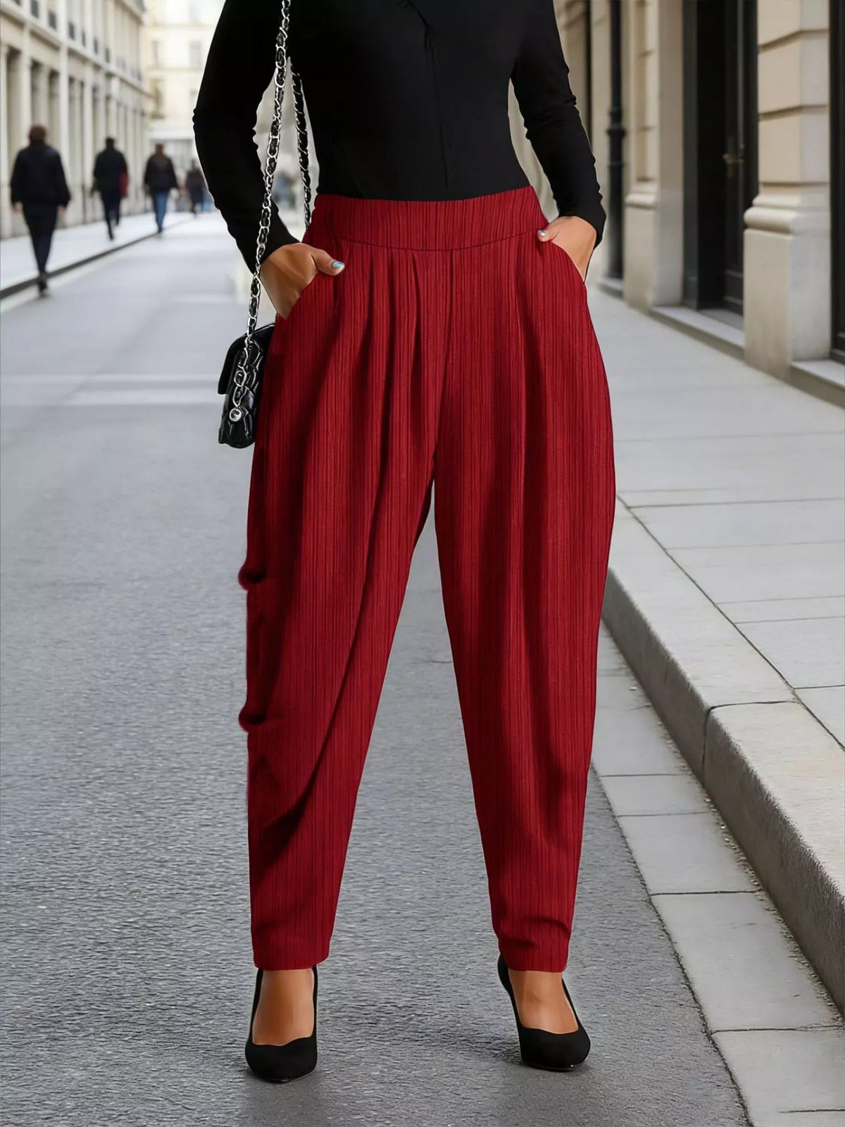 Plus size elastic waist casual pants fabric detail