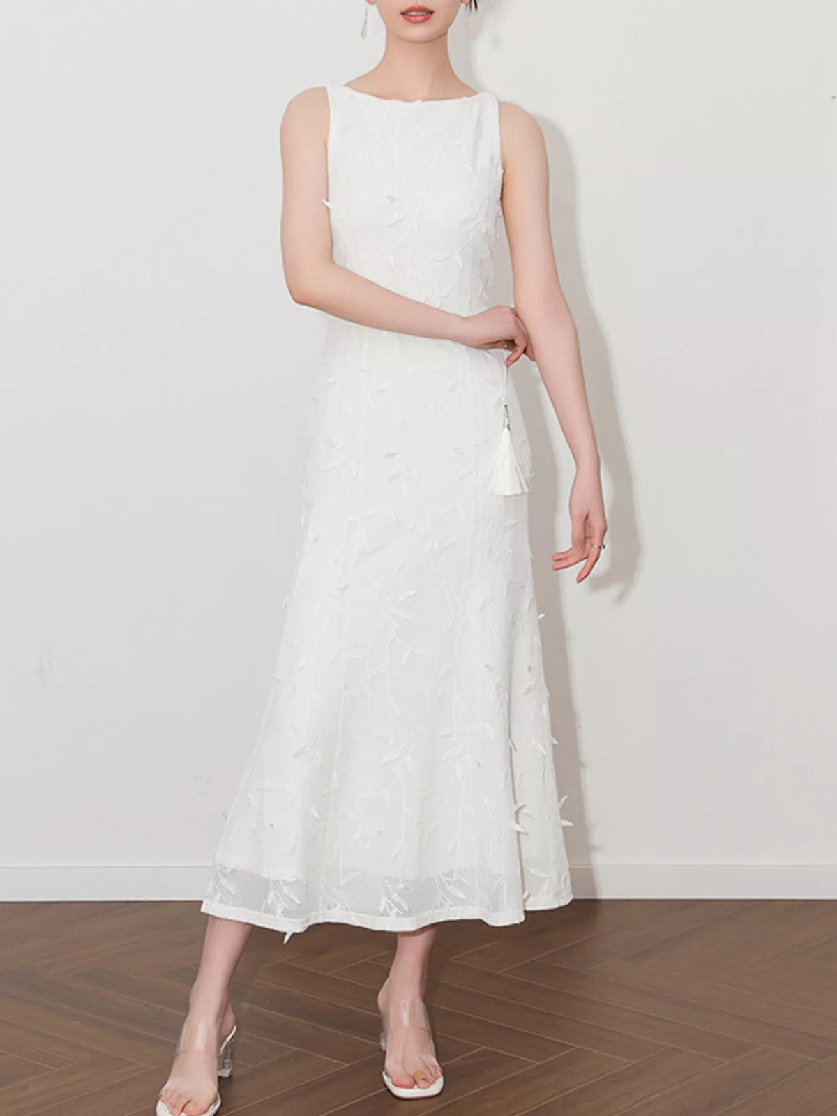 sleeveless floral applique off white midi dress back view
