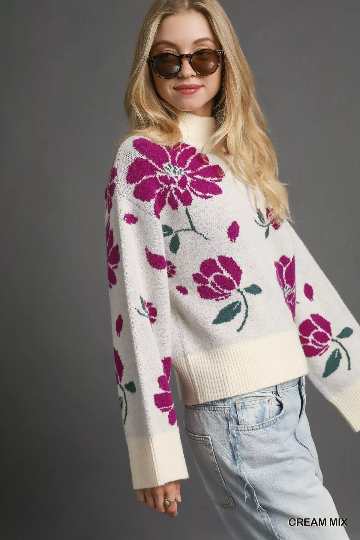 Floral Pattern Mock Neck Sweater in Cream back view