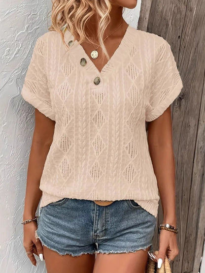 Textured V-Neck Short Sleeve Top Beige - Fashorio