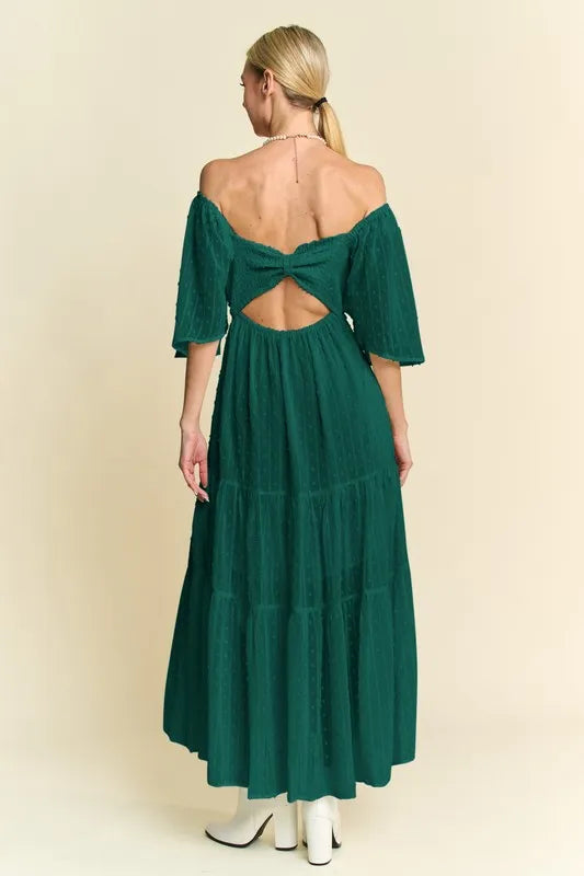 Swiss Dot Open Back Ruffle Midi Dress in Forest Green side view